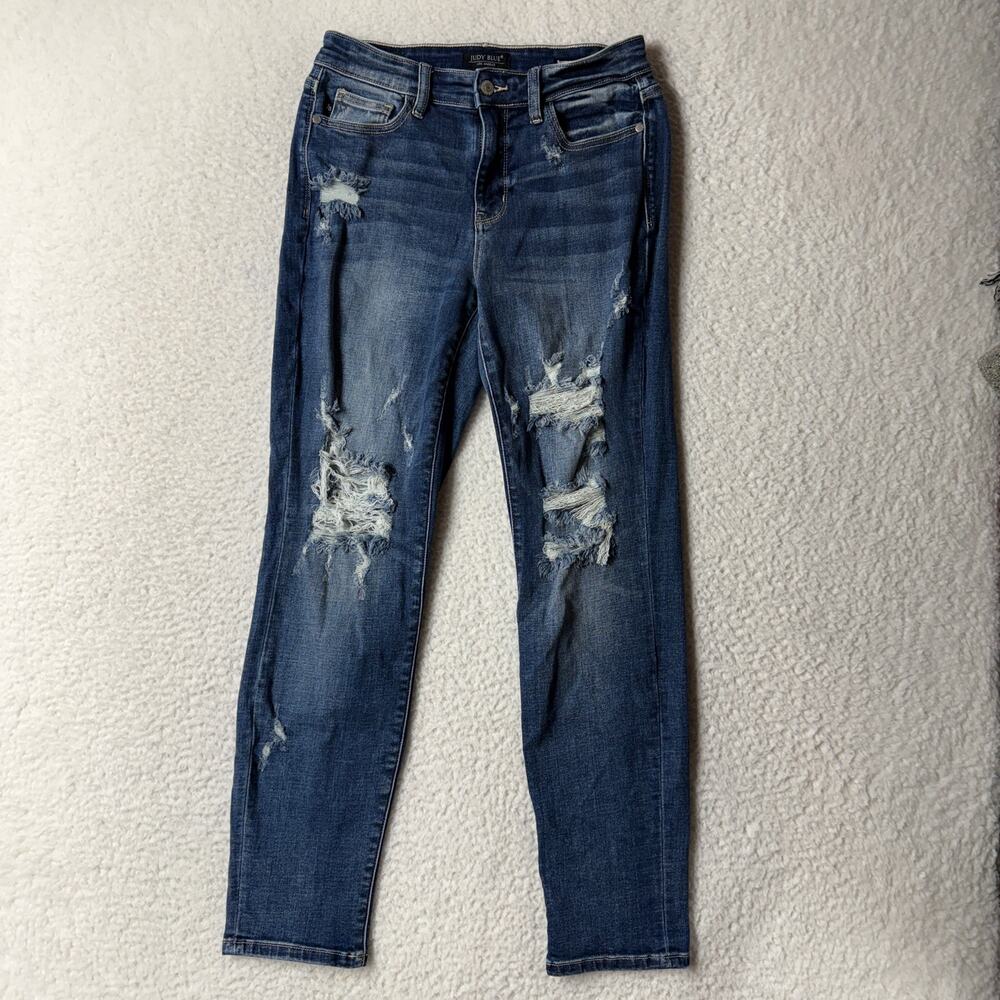 Judy Blue Size 5/27 Mid Rise Cuffed Destroy Boyfriend Jeans Distressed Denim